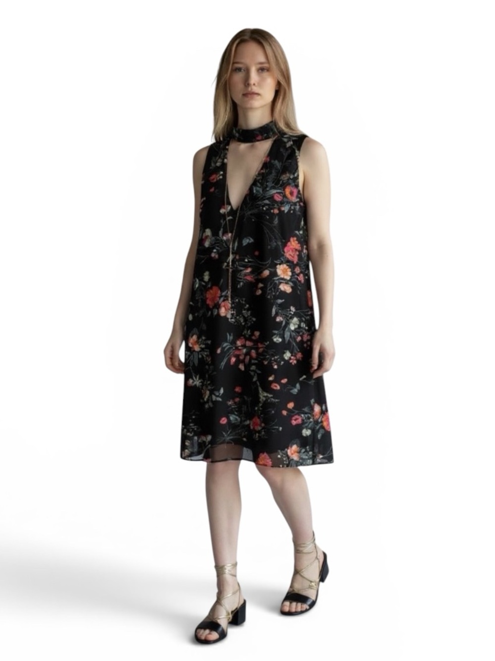 BCX Women’s Dark Florals Mini-Dress w Choker Neck & Detachable Necklace, M